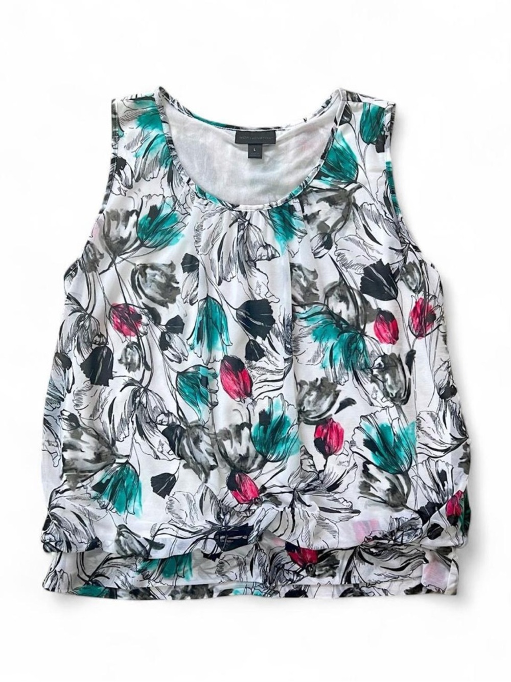 Worthington Floral Scoop Neck Tank - Teal, Pink & Black on White L
